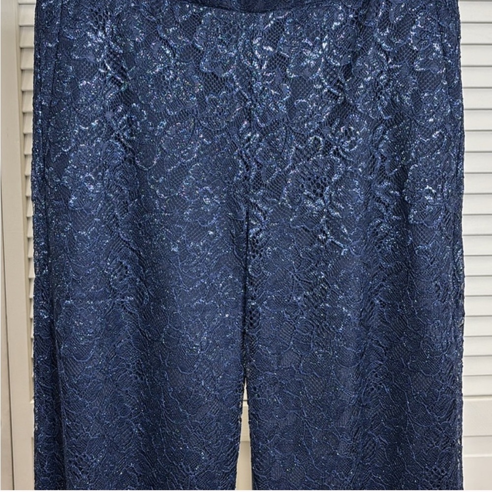 J. Crew Blue Lace Wide Leg Pants with Elegant Print and metallic silver thread - Picture 7 of 12